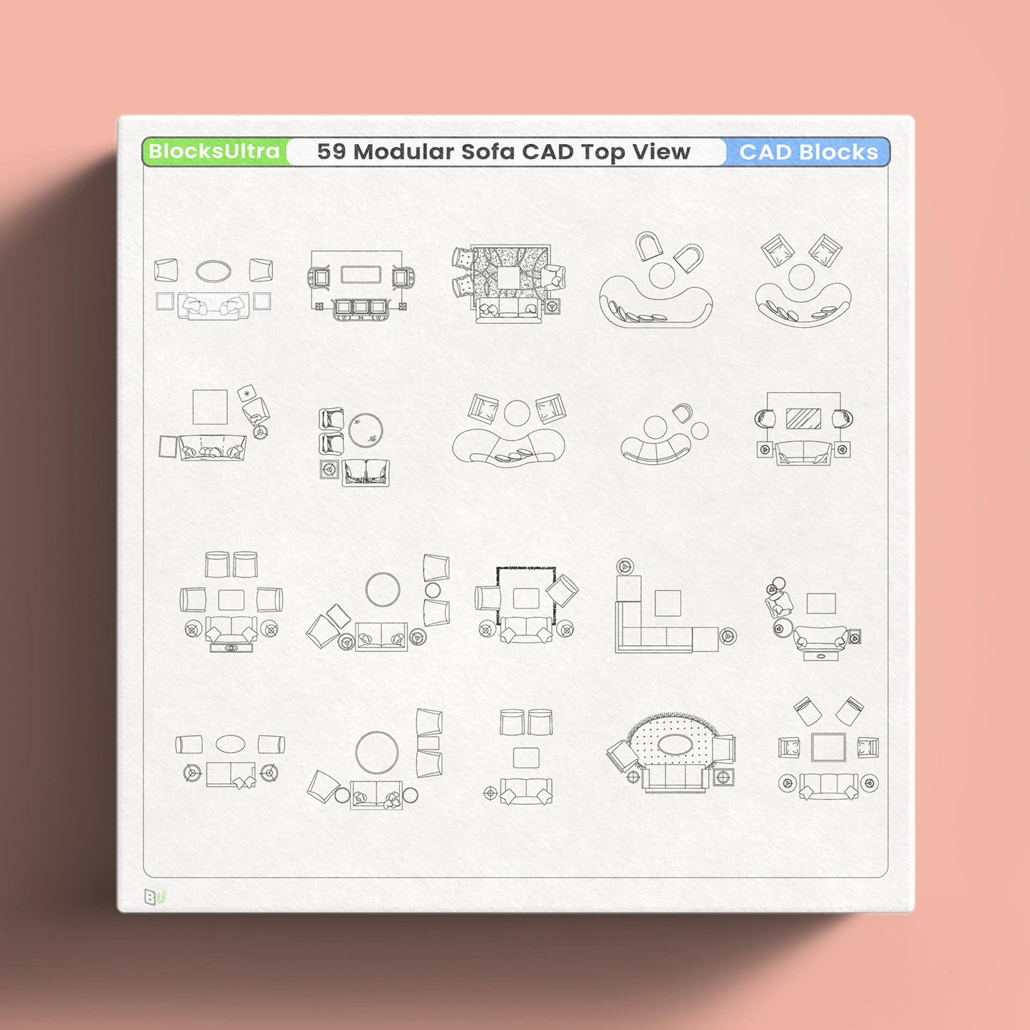 Modular sofa CAD blocks in top view for interior layout and floor planning