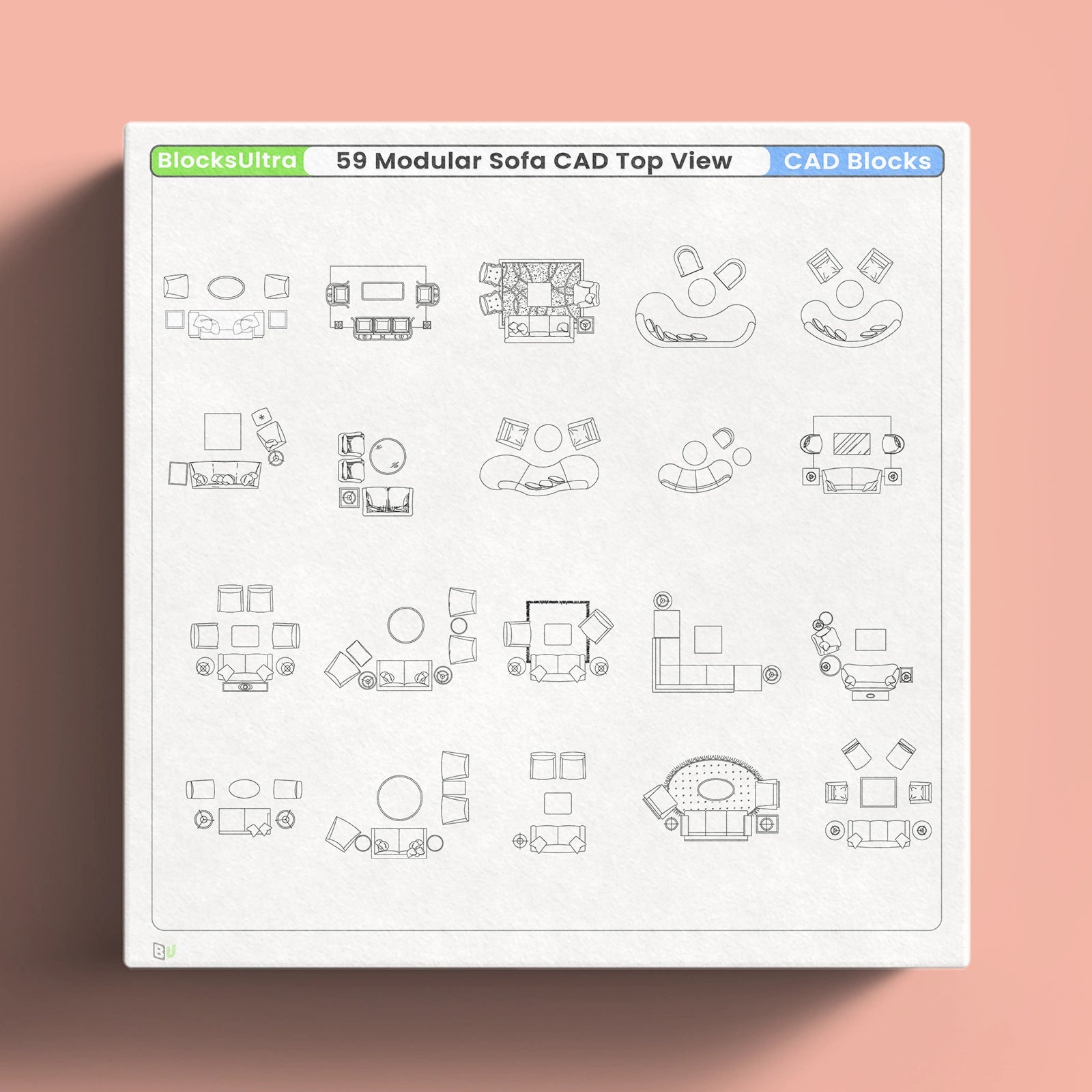 Modular sofa CAD blocks in top view for interior layout and floor planning