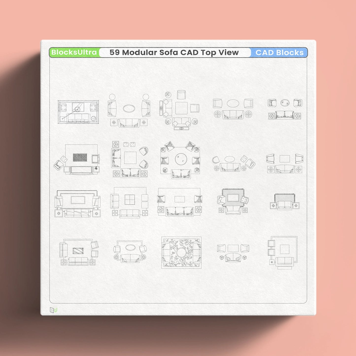 Top view modular sofa CAD blocks for residential living room layouts