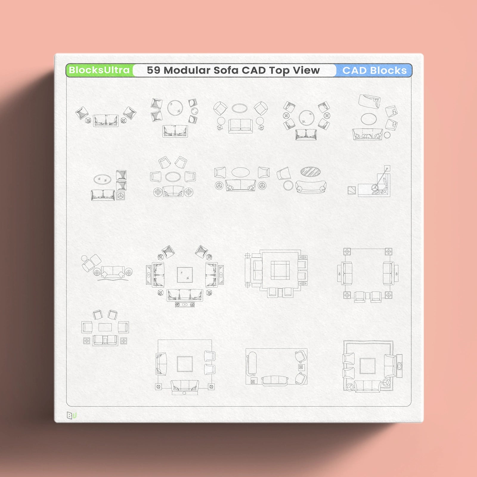 Clean line modular sofa CAD top view blocks for interior design layouts