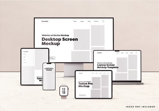 Multi-device website PSD mockup with desktop laptop tablet and mobile