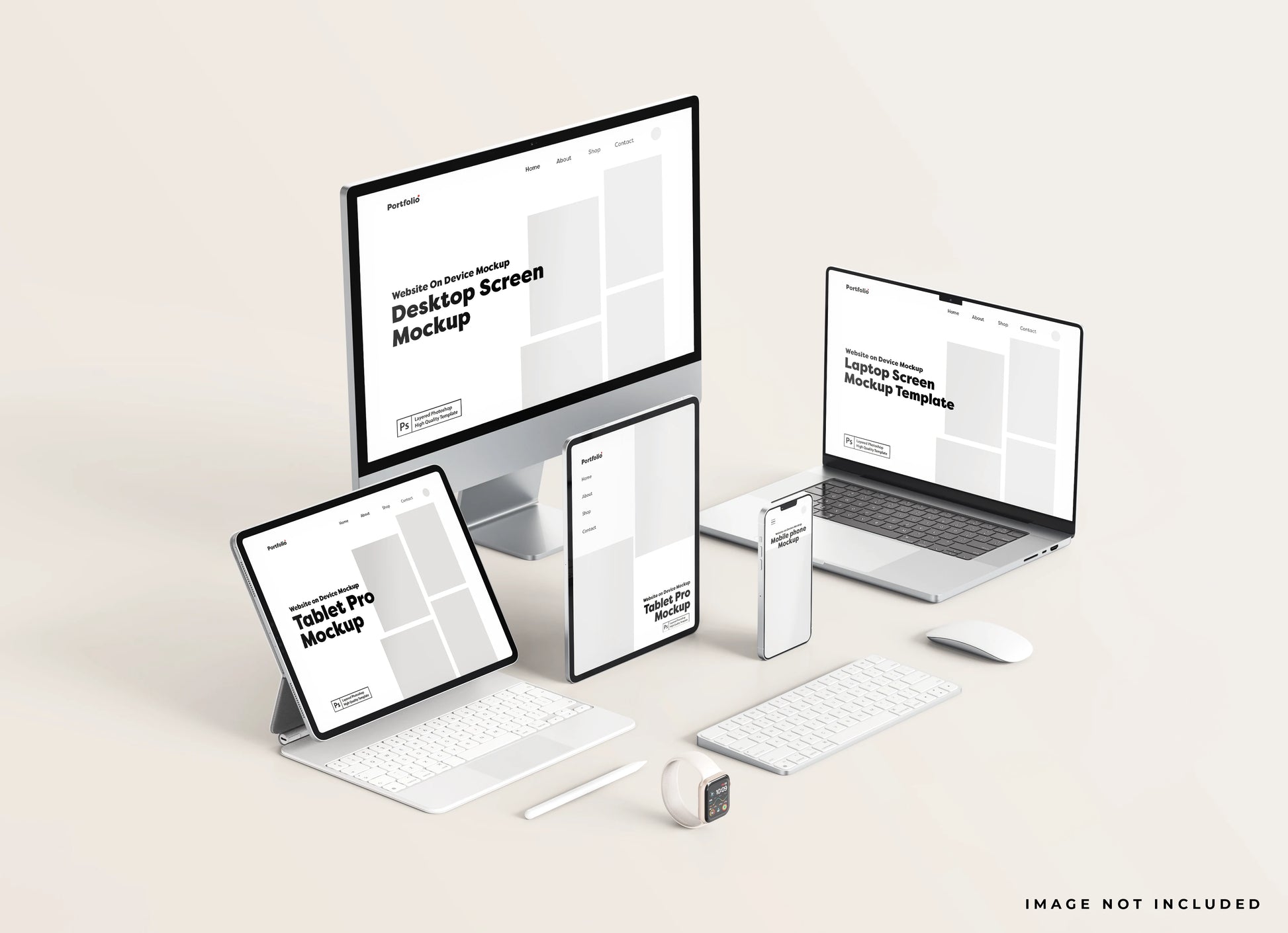 Cross-device website mockup set with consistent UI layout