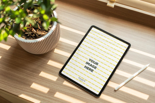 Nordic interior MacBook PSD mockup on wooden desk with natural light