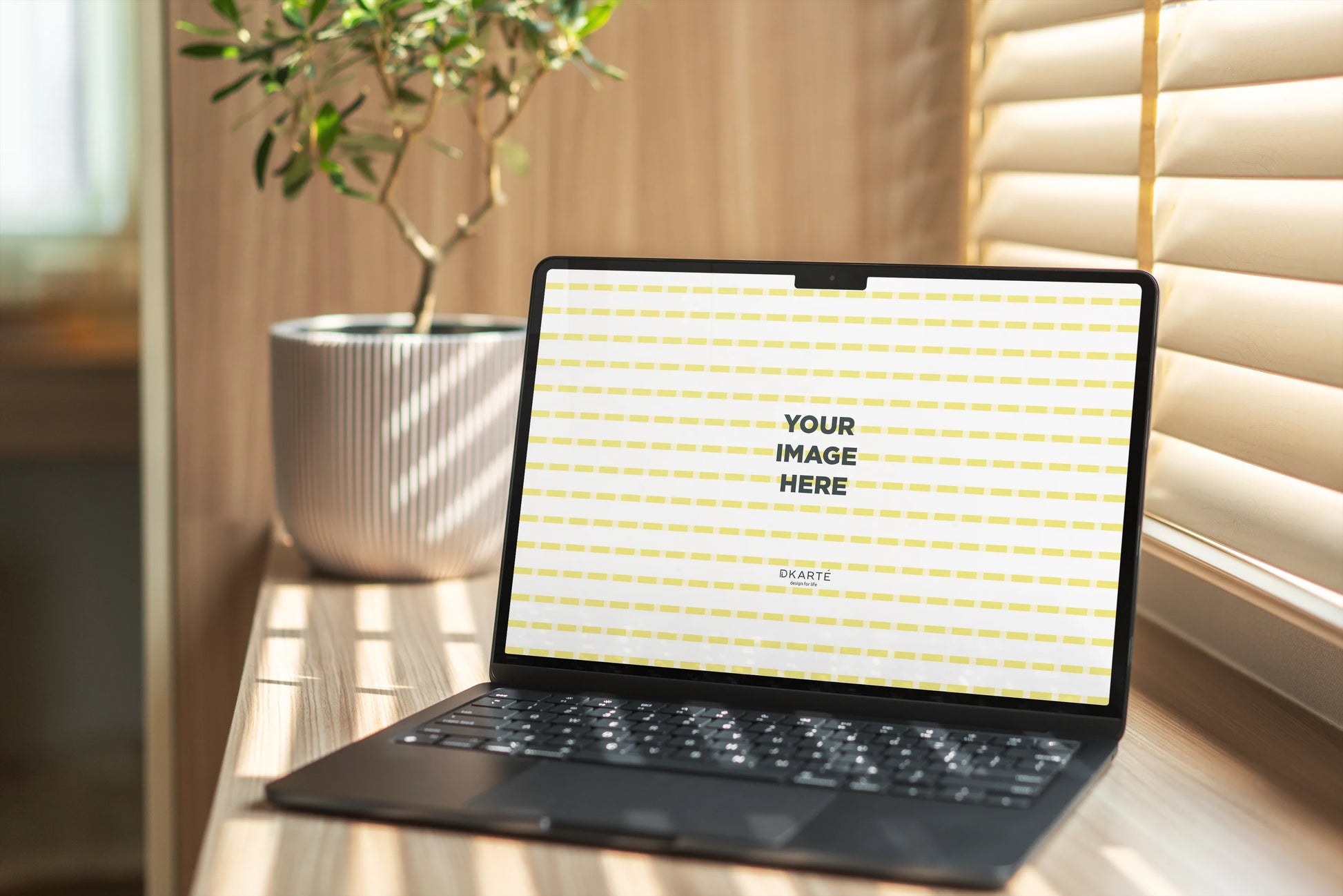Apple MacBook PSD mockup in modern living room scene
