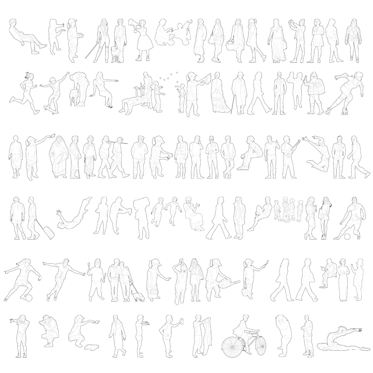 Vector people line illustration pack cover showing 88 human outline figures for architecture and design use