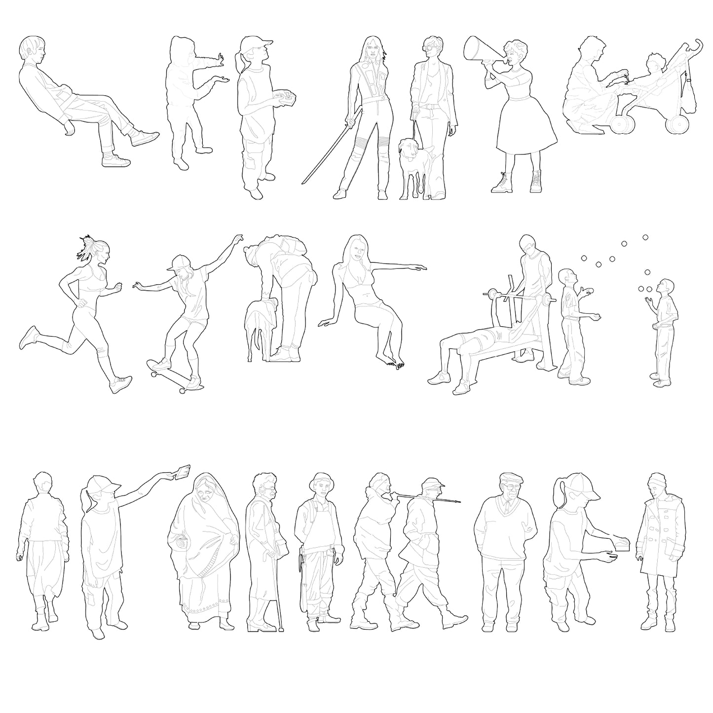 Overview of 88 outline human figures drawn in minimal vector line art for architectural visualization and creative projects