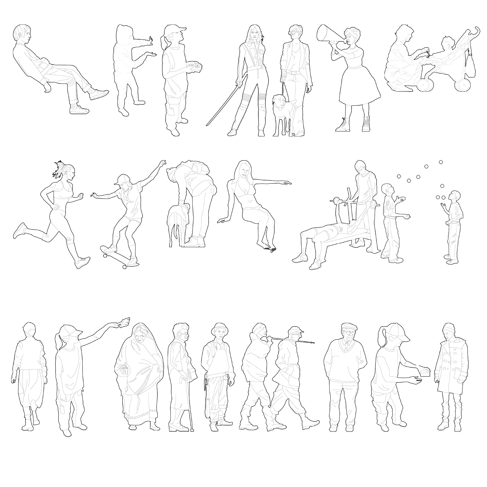 Overview of 88 outline human figures drawn in minimal vector line art for architectural visualization and creative projects