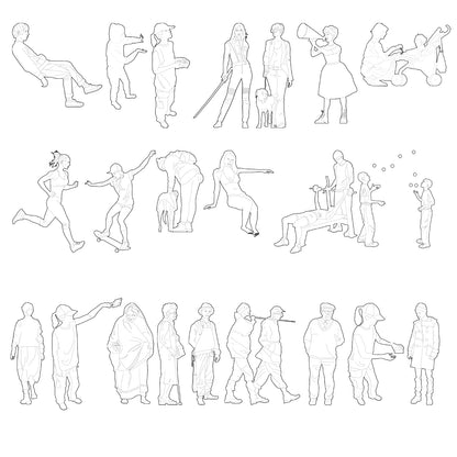Overview of 88 outline human figures drawn in minimal vector line art for architectural visualization and creative projects