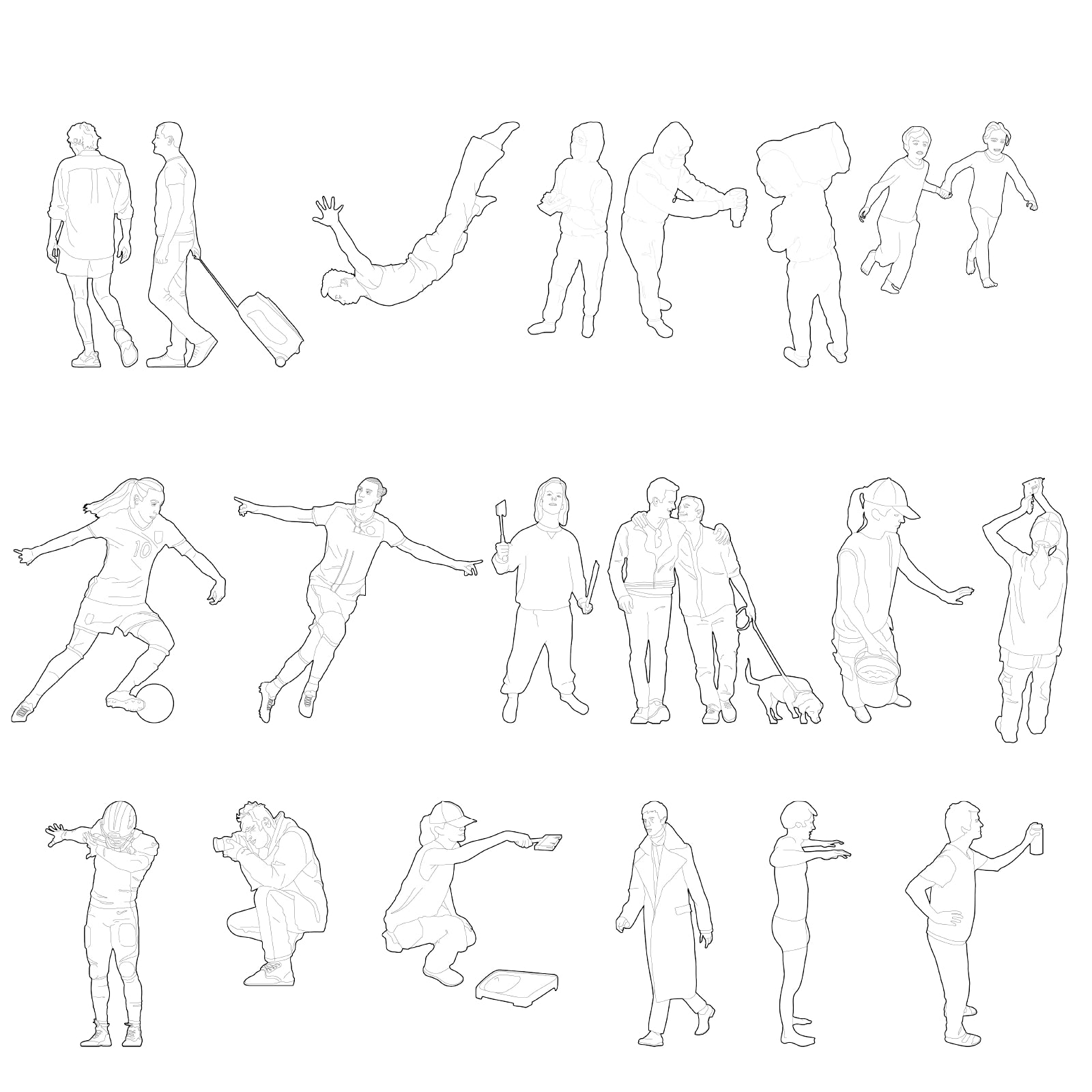 Architectural scene mockup showing vector line people integrated into design layouts and drawings