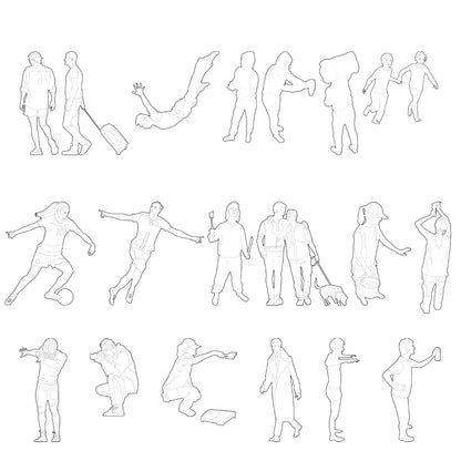 Architectural scene mockup showing vector line people integrated into design layouts and drawings