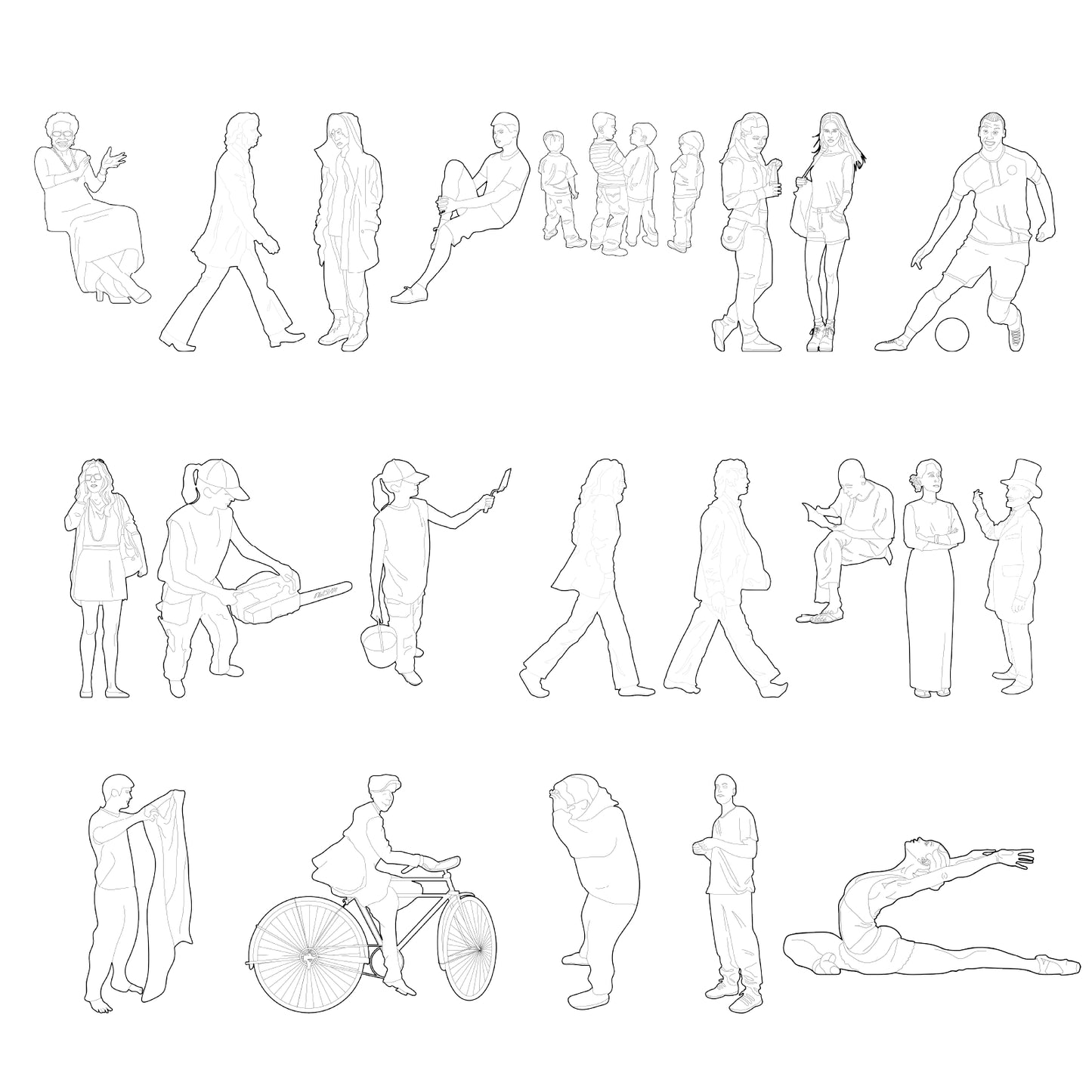 Variant poses of human figures in minimal vector line illustration style suitable for architecture and concept art