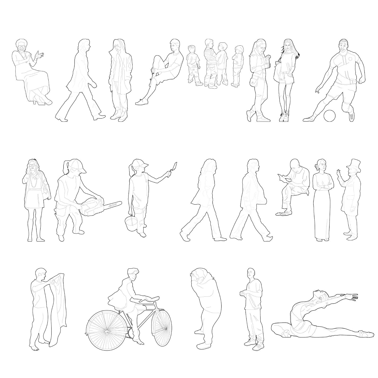 Variant poses of human figures in minimal vector line illustration style suitable for architecture and concept art
