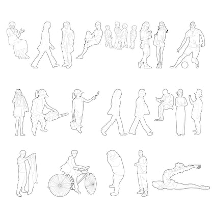 Variant poses of human figures in minimal vector line illustration style suitable for architecture and concept art