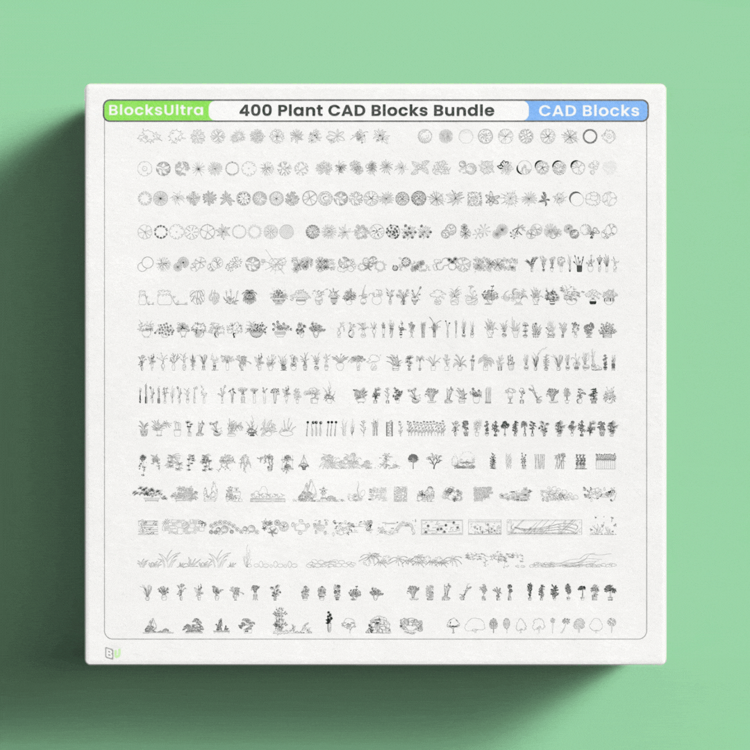 400 plant CAD blocks bundle featuring trees shrubs flowers and potted plants in multiple views