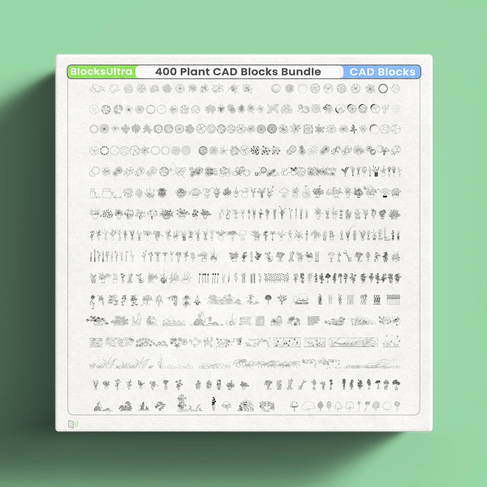 Plant CAD blocks top view set including trees shrubs flowers and pots