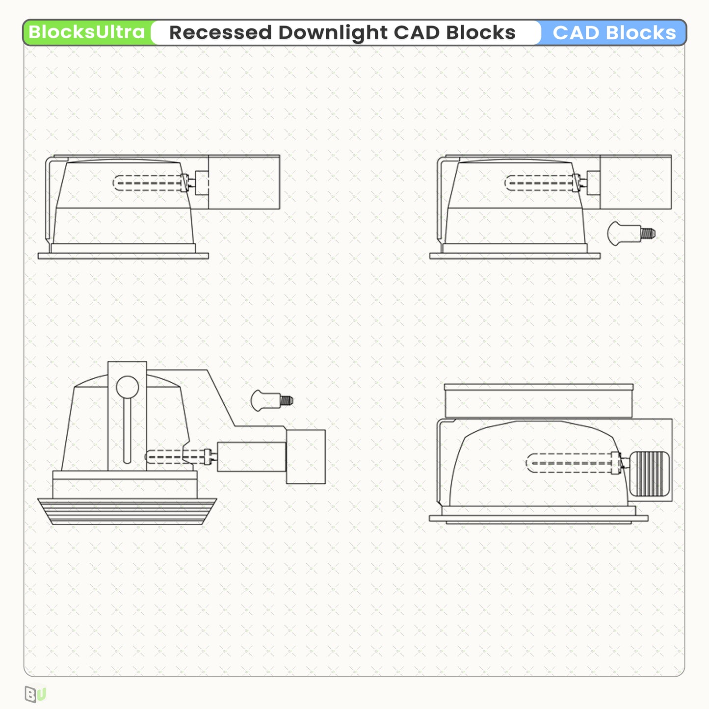 Architectural recessed downlight elevation CAD block featuring precise detailing for lighting plans and professional drafting use