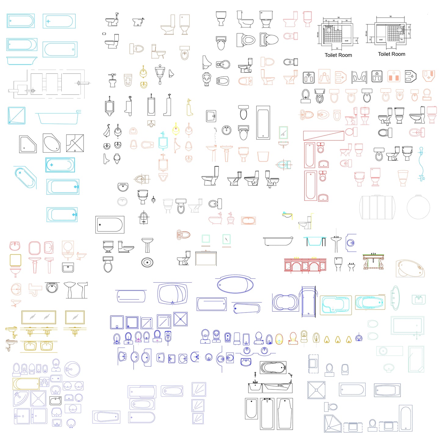 DWG sanitary fixture symbols including multi-style bathtubs, washbasins, toilets, and shower units for professional drafting workflows