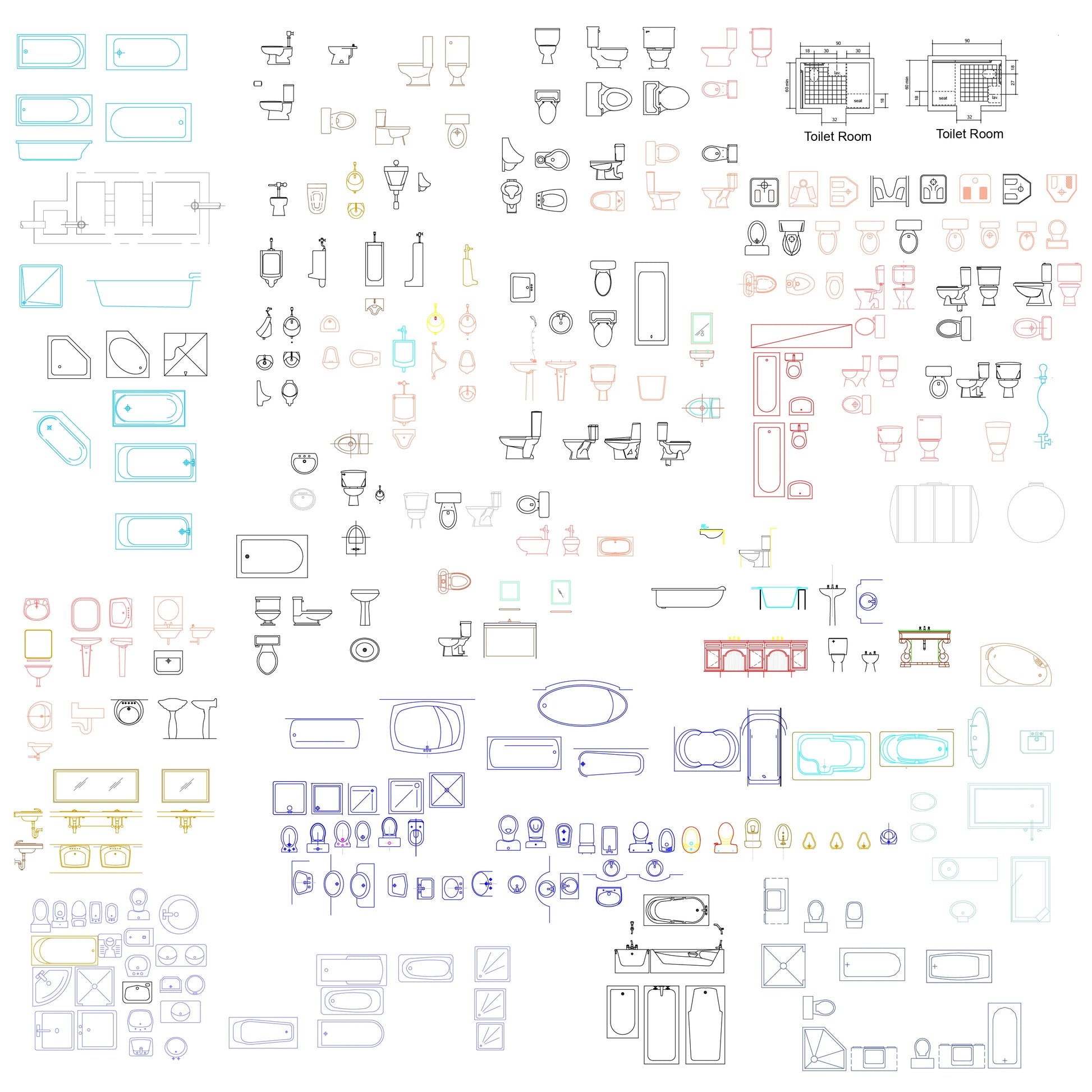 DWG sanitary fixture symbols including multi-style bathtubs, washbasins, toilets, and shower units for professional drafting workflows