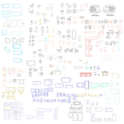 DWG sanitary fixture symbols including multi-style bathtubs, washbasins, toilets, and shower units for professional drafting workflows