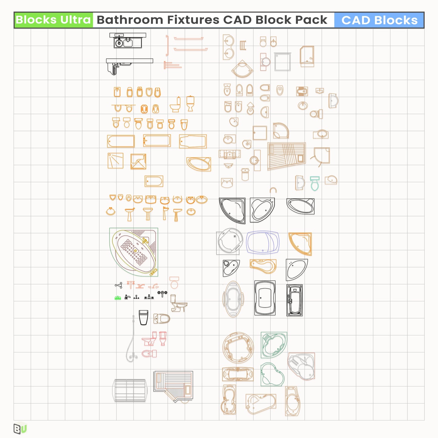 Complete bathroom CAD block collection with modern tub shapes, toilets, basins, showers, and fixture details for drafting use