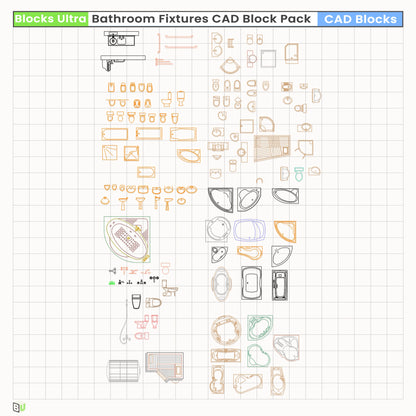 Complete bathroom CAD block collection with modern tub shapes, toilets, basins, showers, and fixture details for drafting use