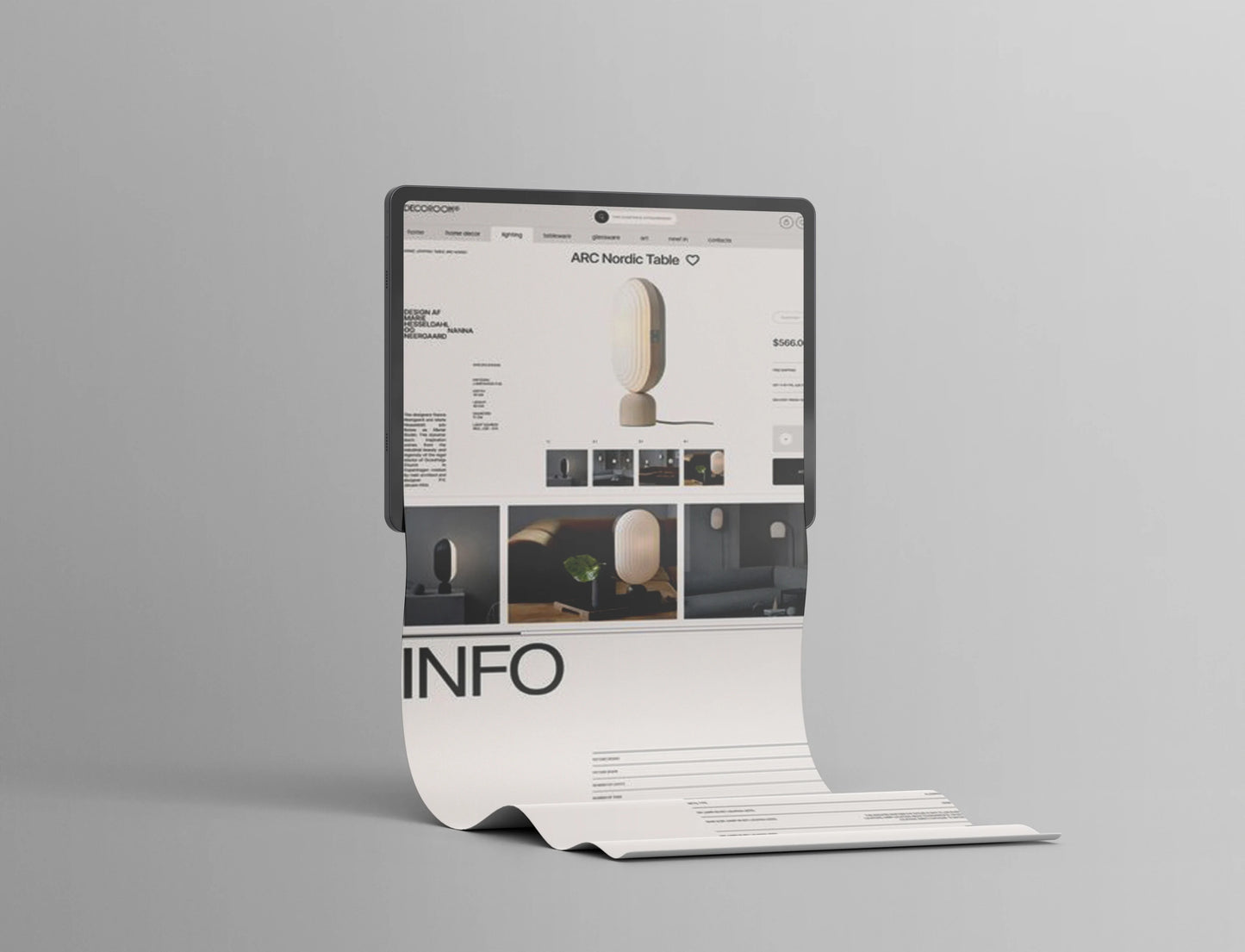 Scrollable tablet UI mockup for product detail page showcase