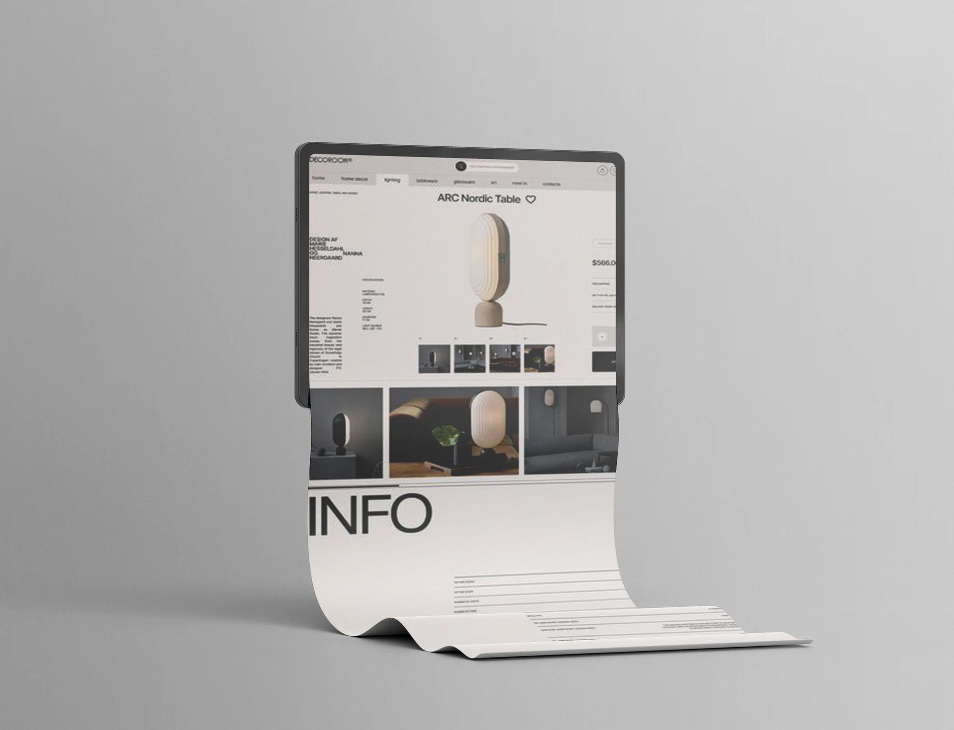Scrollable tablet UI mockup for product detail page showcase