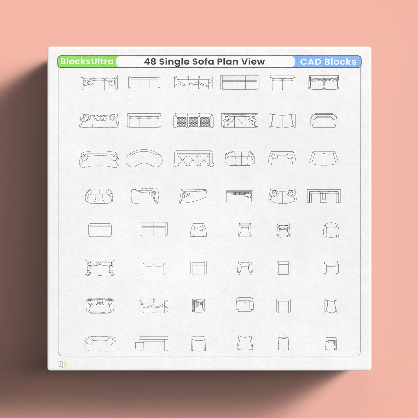 Single sofa plan view CAD blocks showing multiple seating layouts for interior floor plans