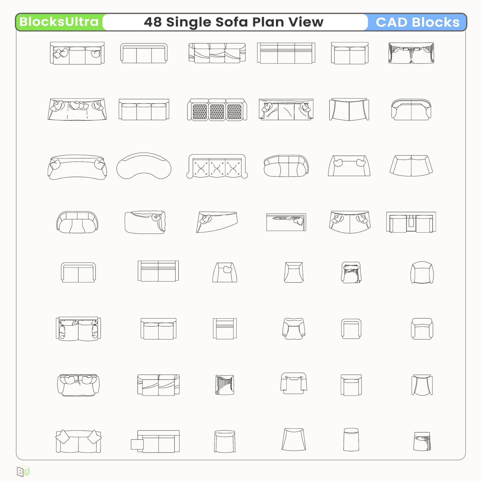 Architectural sofa plan CAD blocks with clean linework for residential interior layouts