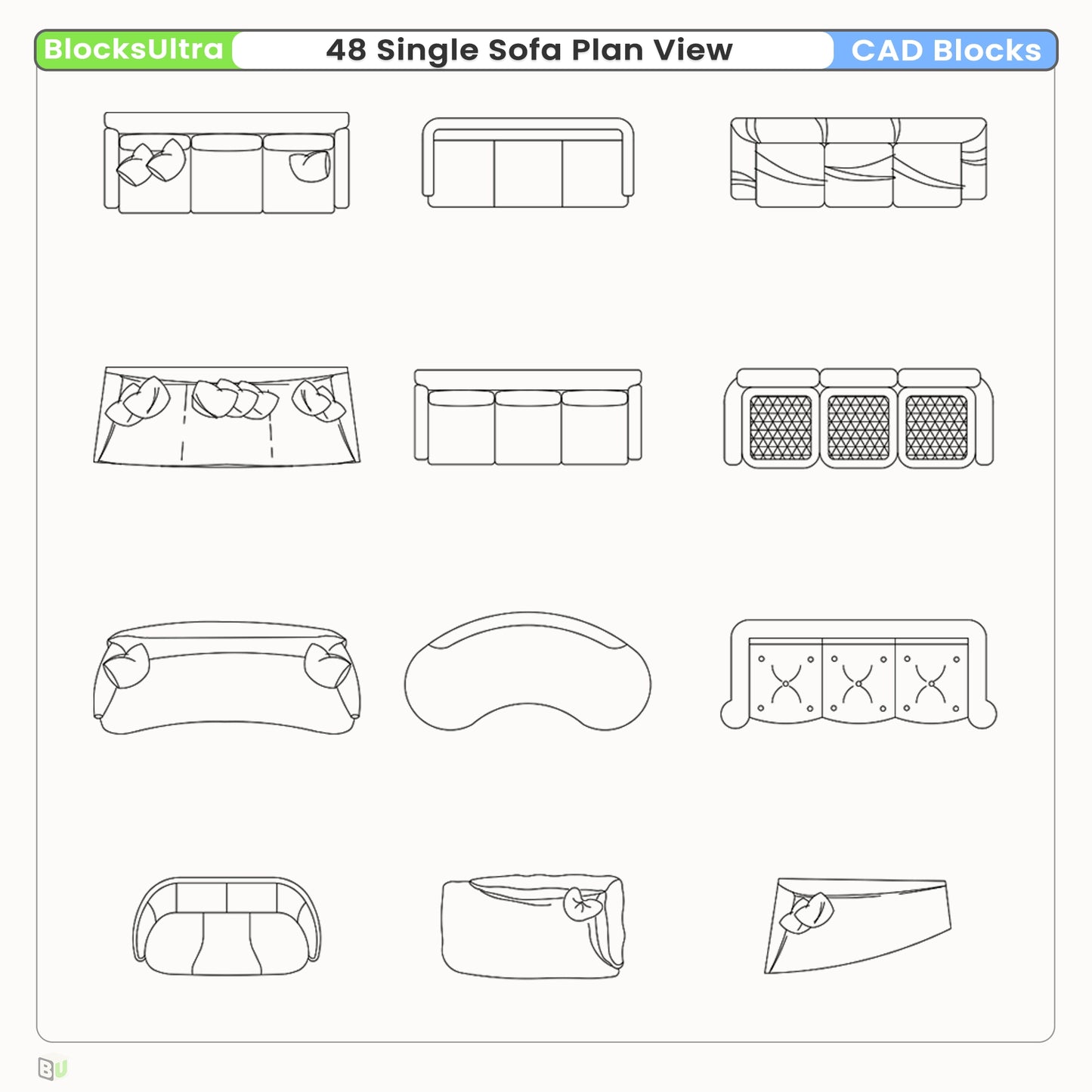 Minimal single sofa CAD plan symbols arranged for furniture planning drawings