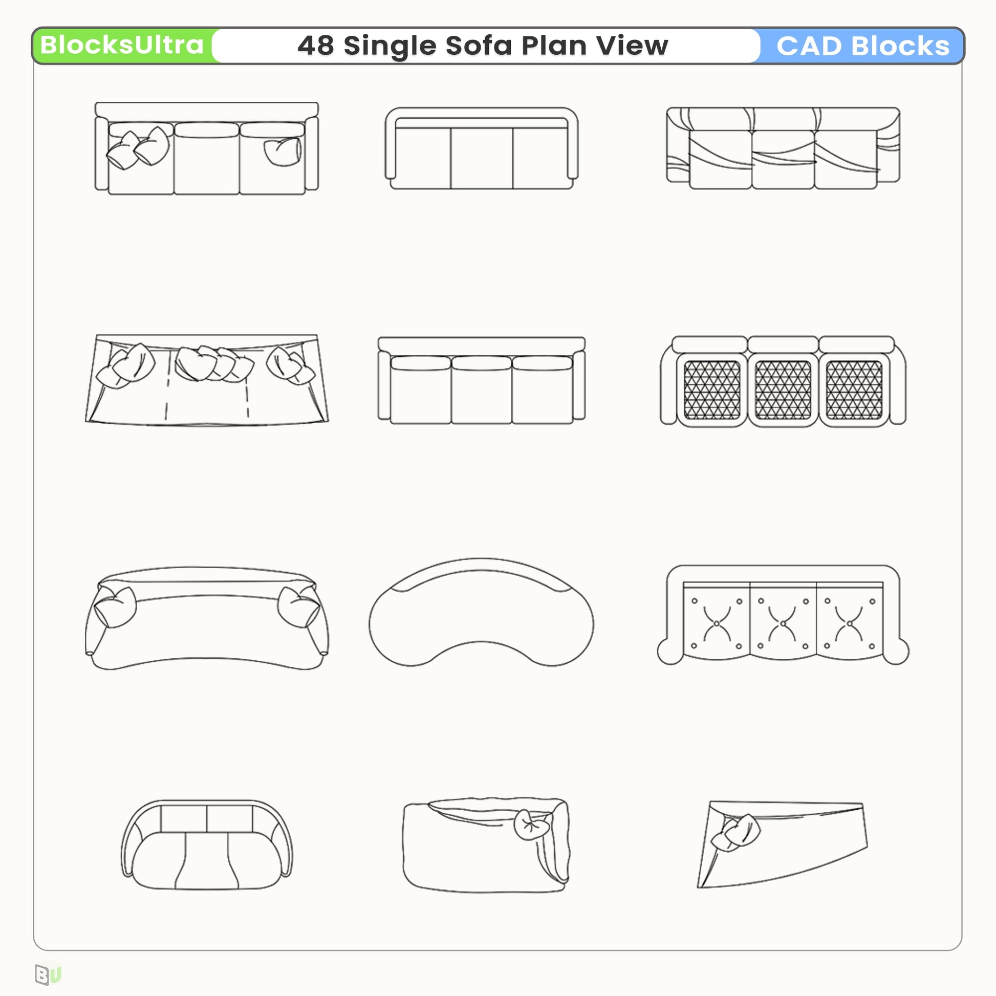Minimal single sofa CAD plan symbols arranged for furniture planning drawings