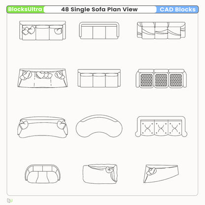 Minimal single sofa CAD plan symbols arranged for furniture planning drawings