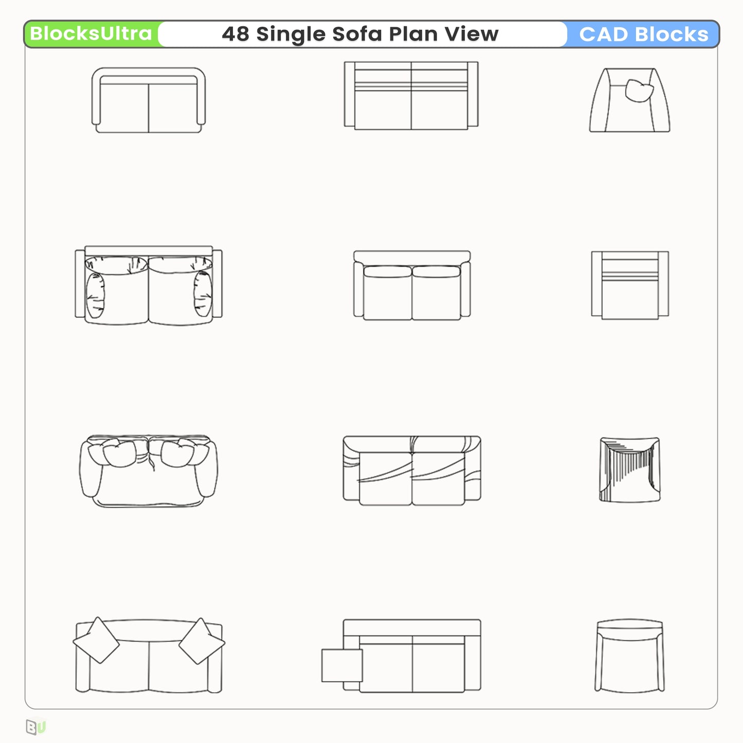Detailed sofa plan view CAD blocks suitable for commercial and hospitality layouts