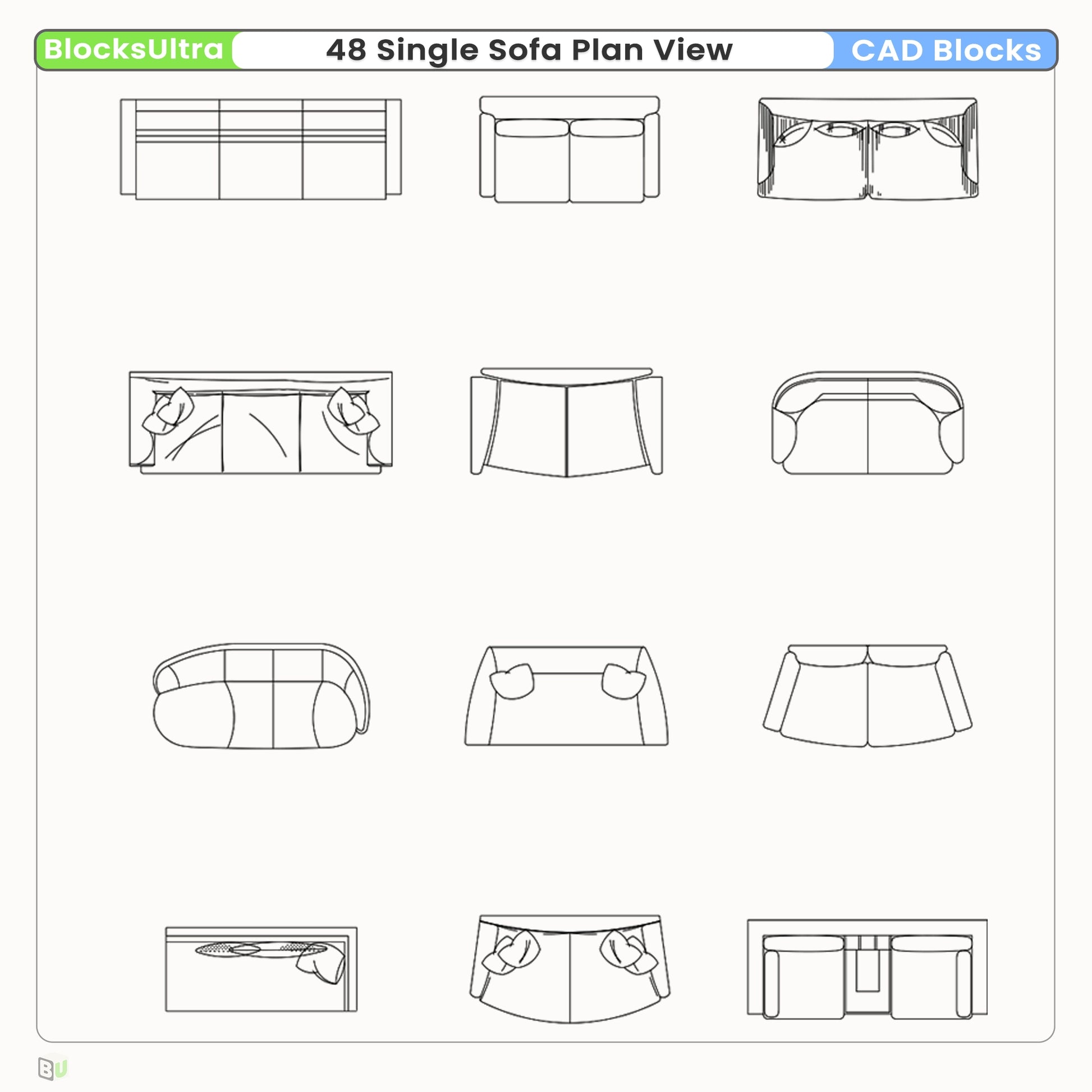 Interior design sofa plan CAD blocks with consistent architectural drafting style