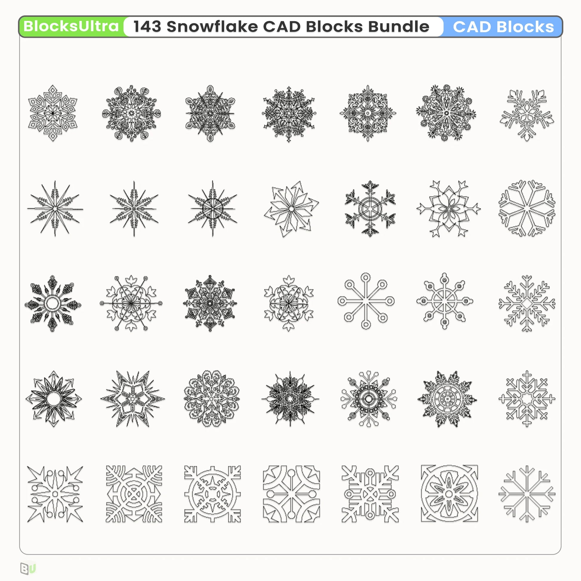 Detailed snowflake CAD dynamic blocks for winter designs