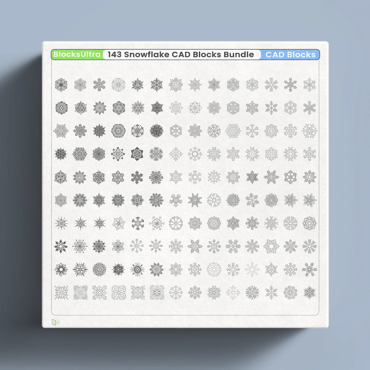 Grid preview of snowflake CAD dynamic blocks in multiple styles