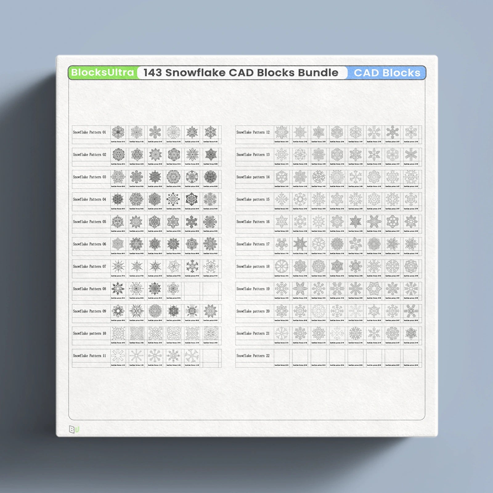 Snowflake dynamic CAD blocks bundle showing 143 winter symbols