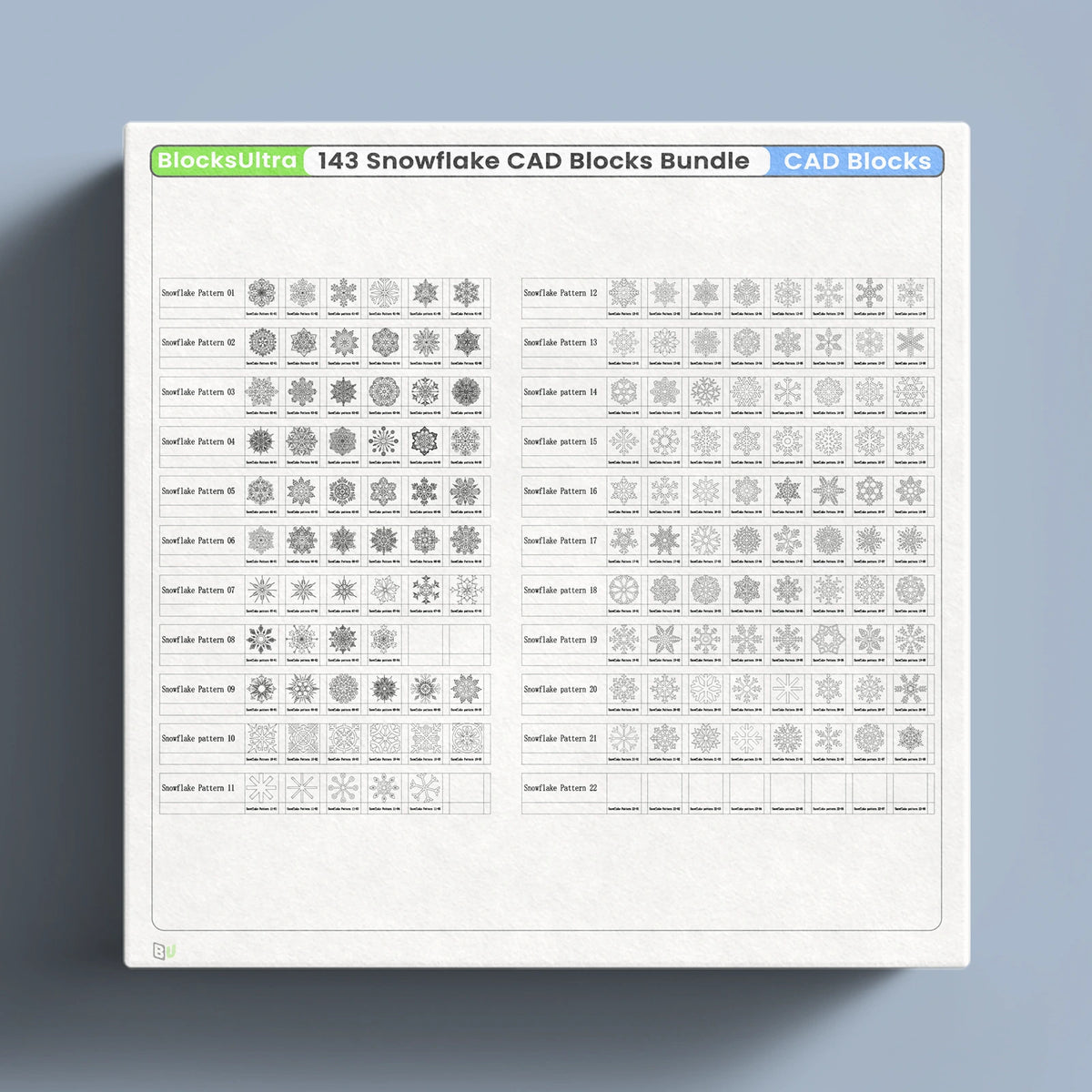 Snowflake dynamic CAD blocks bundle showing 143 winter symbols