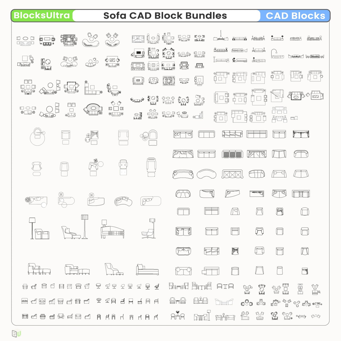 Guestroom sofa CAD blocks with clean furniture layout plans