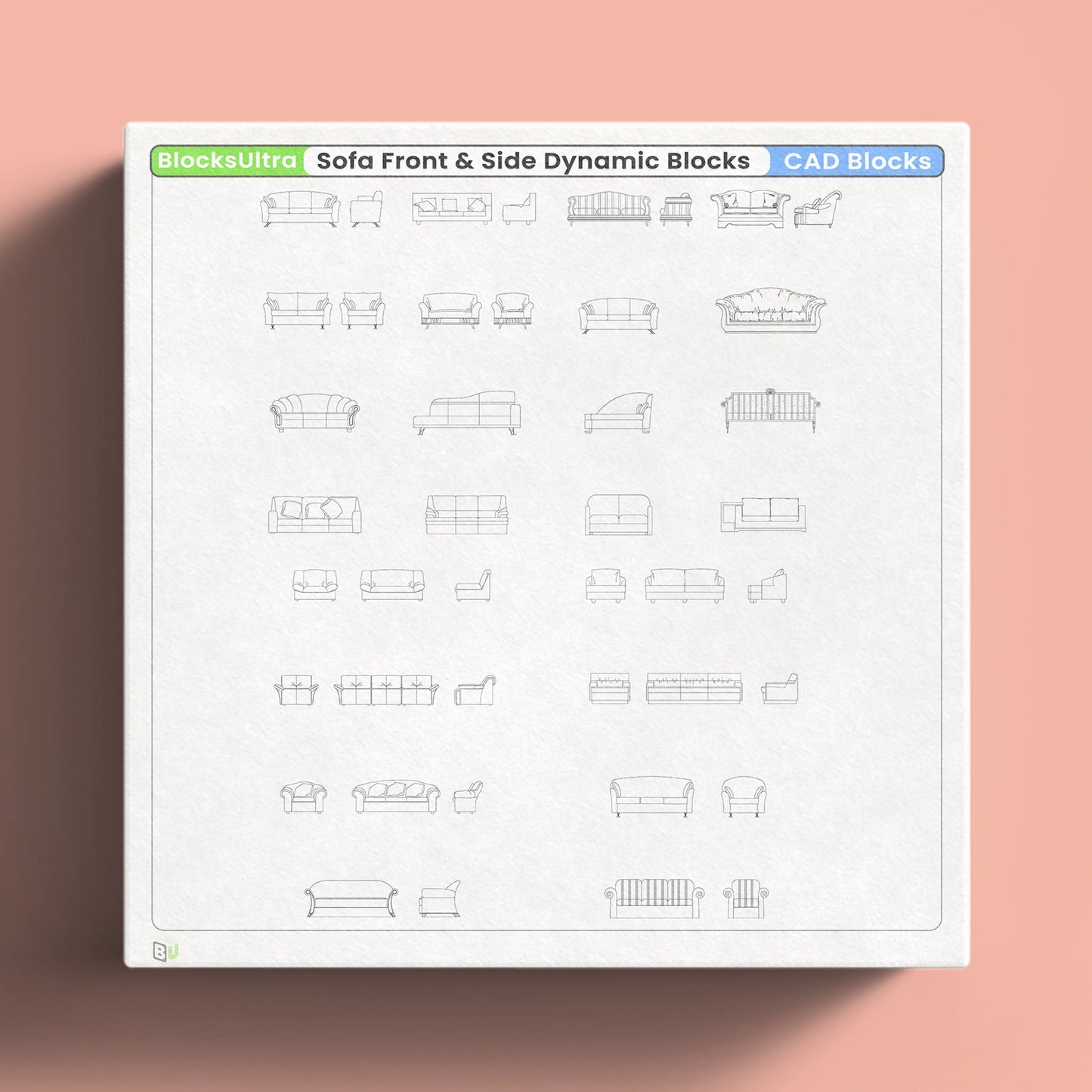 Sofa elevation CAD blocks with front and side views for interior and architectural design