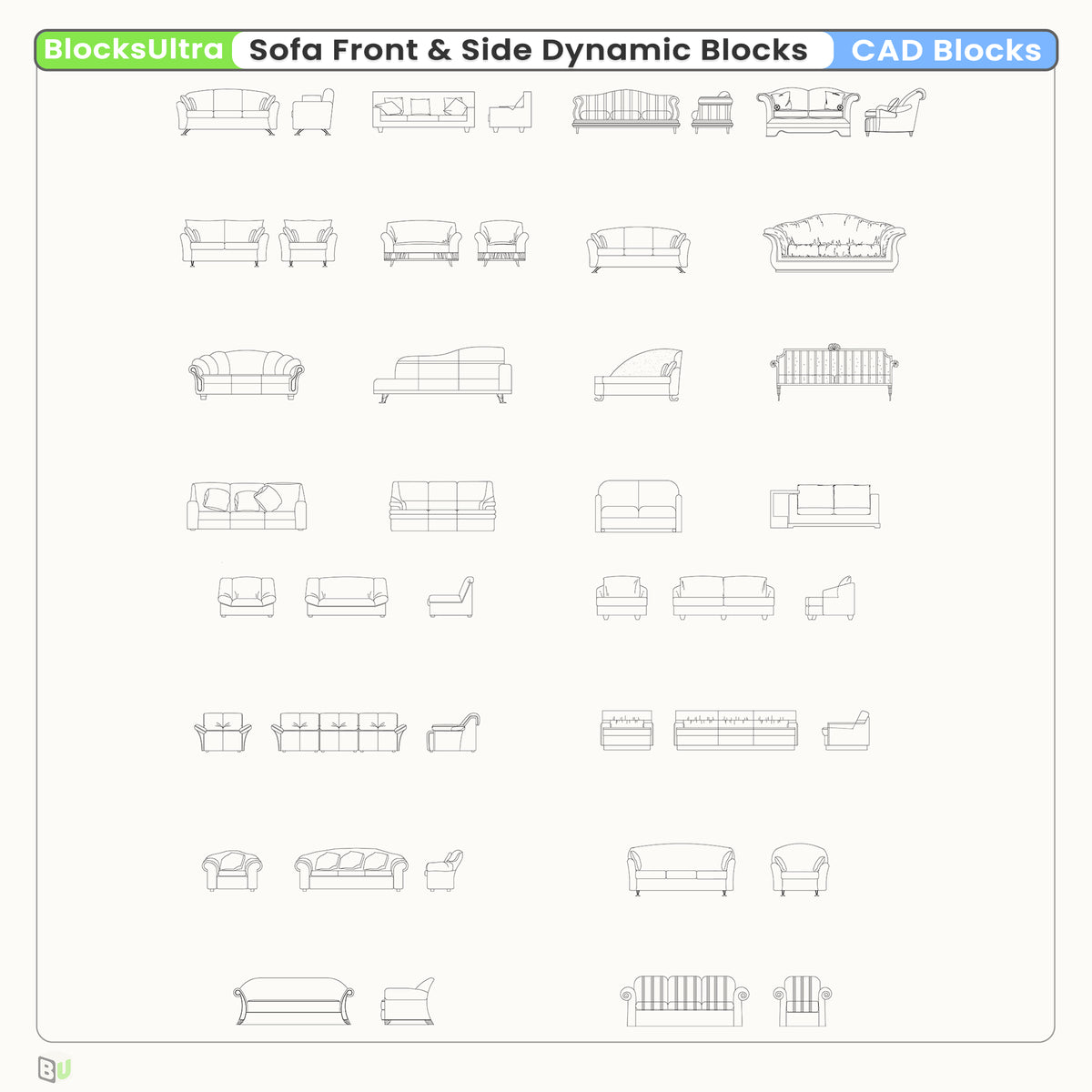 Couch Blocks Sofa Elevation CAD Blocks — Front & Side Views for Interior Design ...