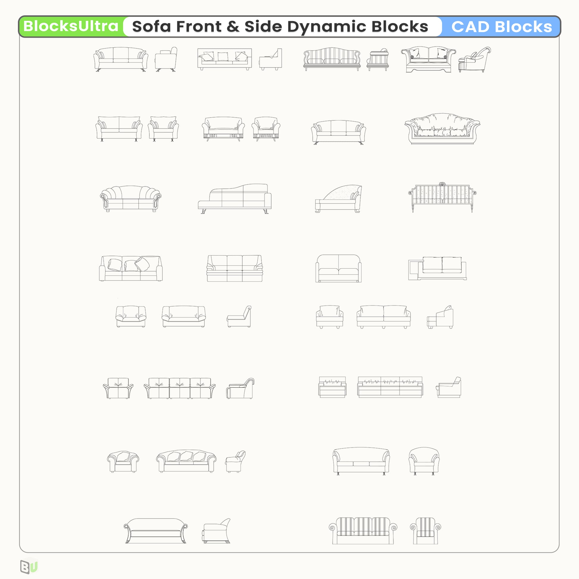 Front and side elevation sofa CAD blocks featuring clean linework for design layouts