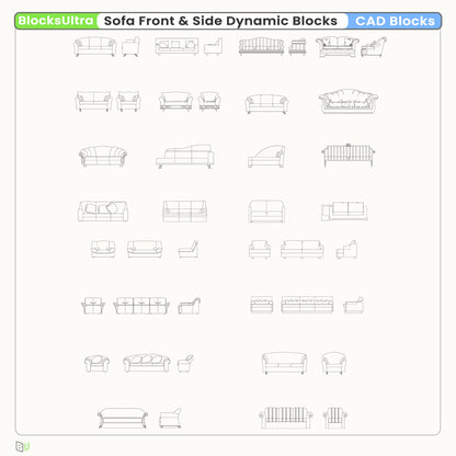 Front and side elevation sofa CAD blocks featuring clean linework for design layouts