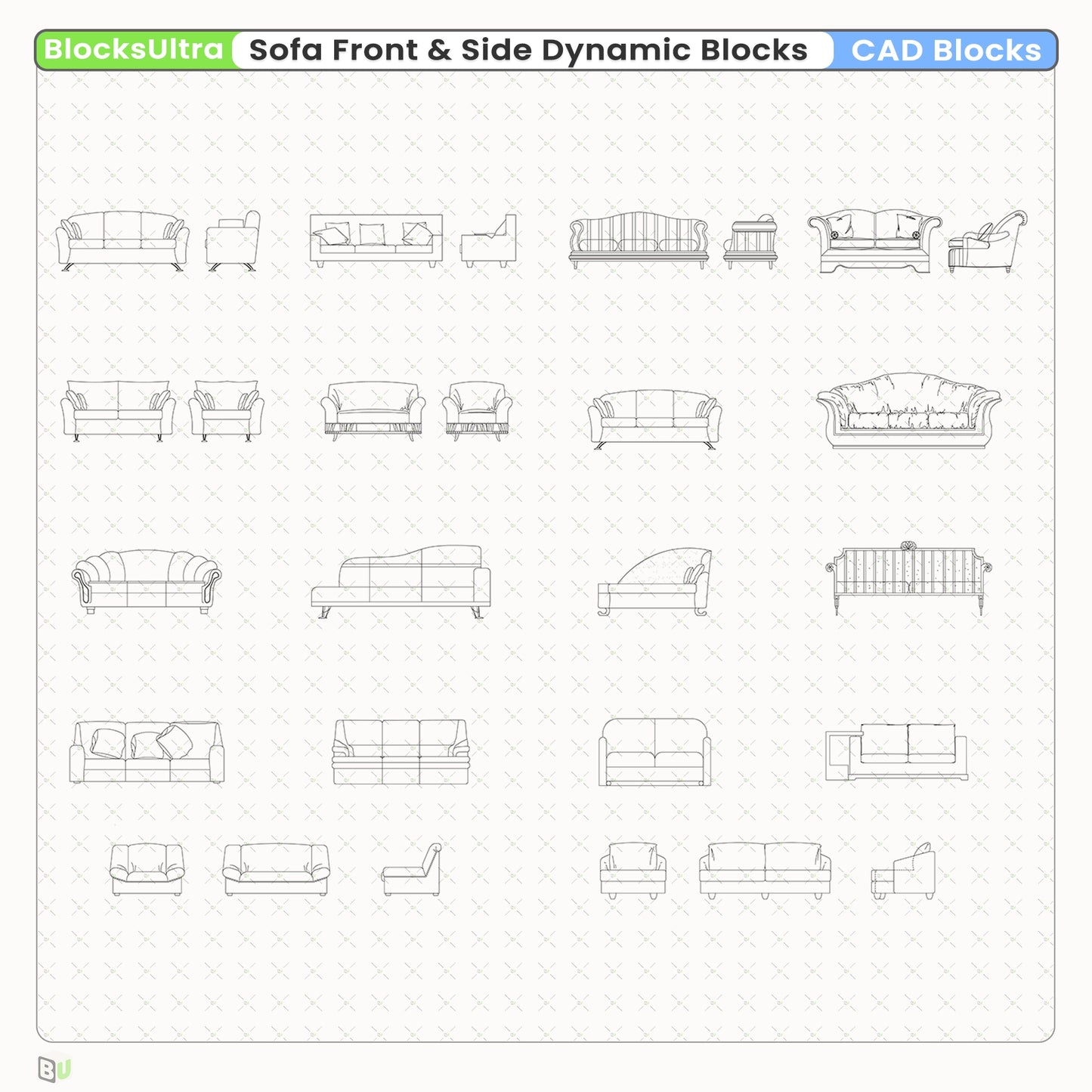 Professional sofa CAD elevation views showing single and double-seat configurations