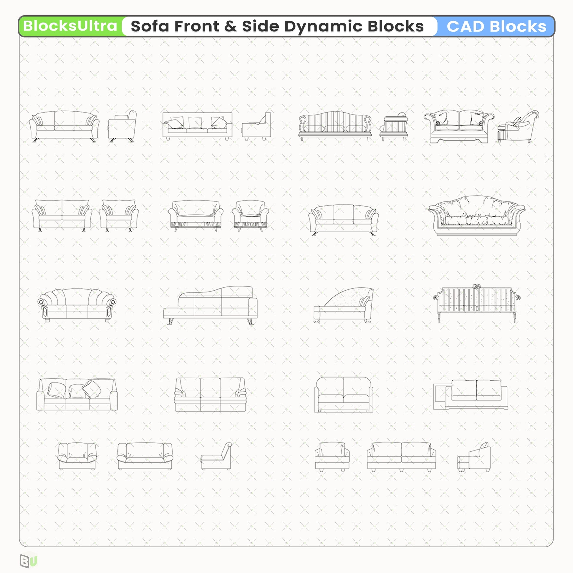 Professional sofa CAD elevation views showing single and double-seat configurations