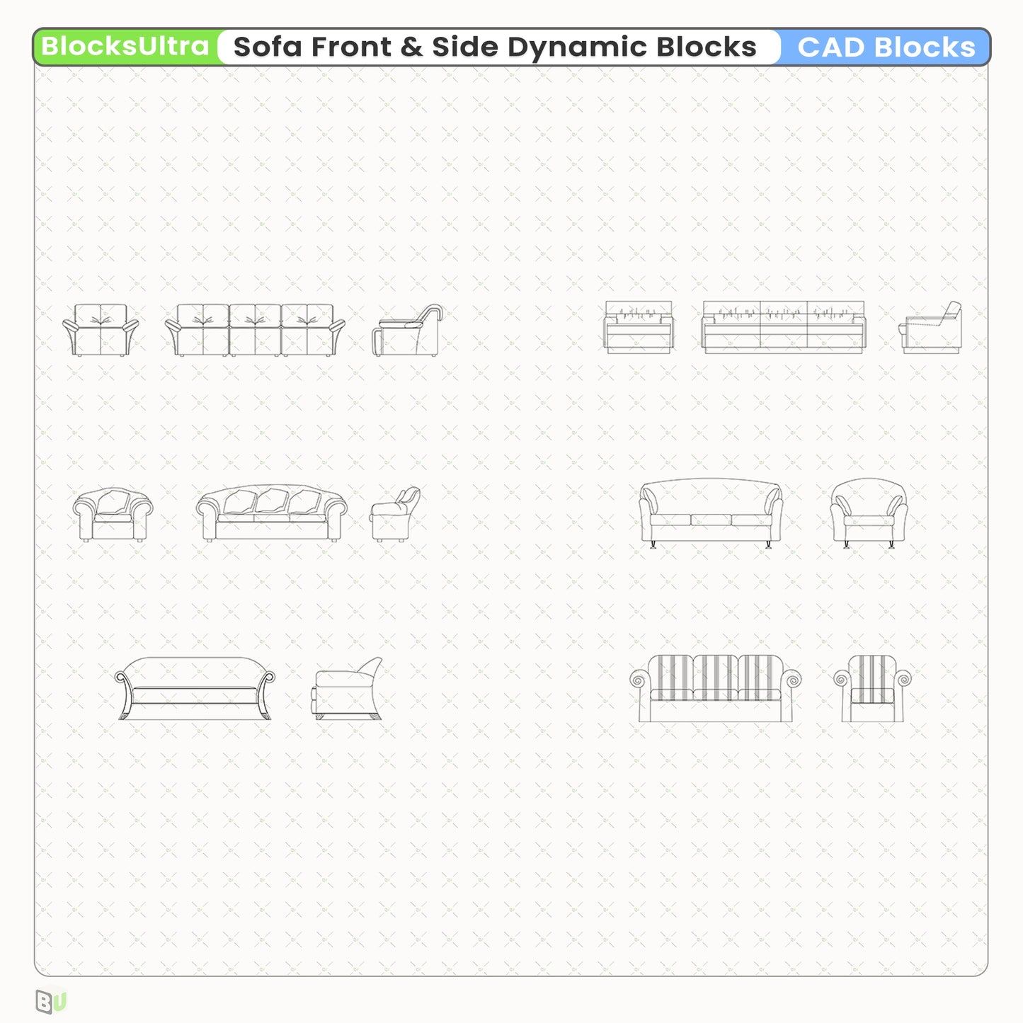 Multi-seat sofa elevation CAD blocks with precise front and side view drawings