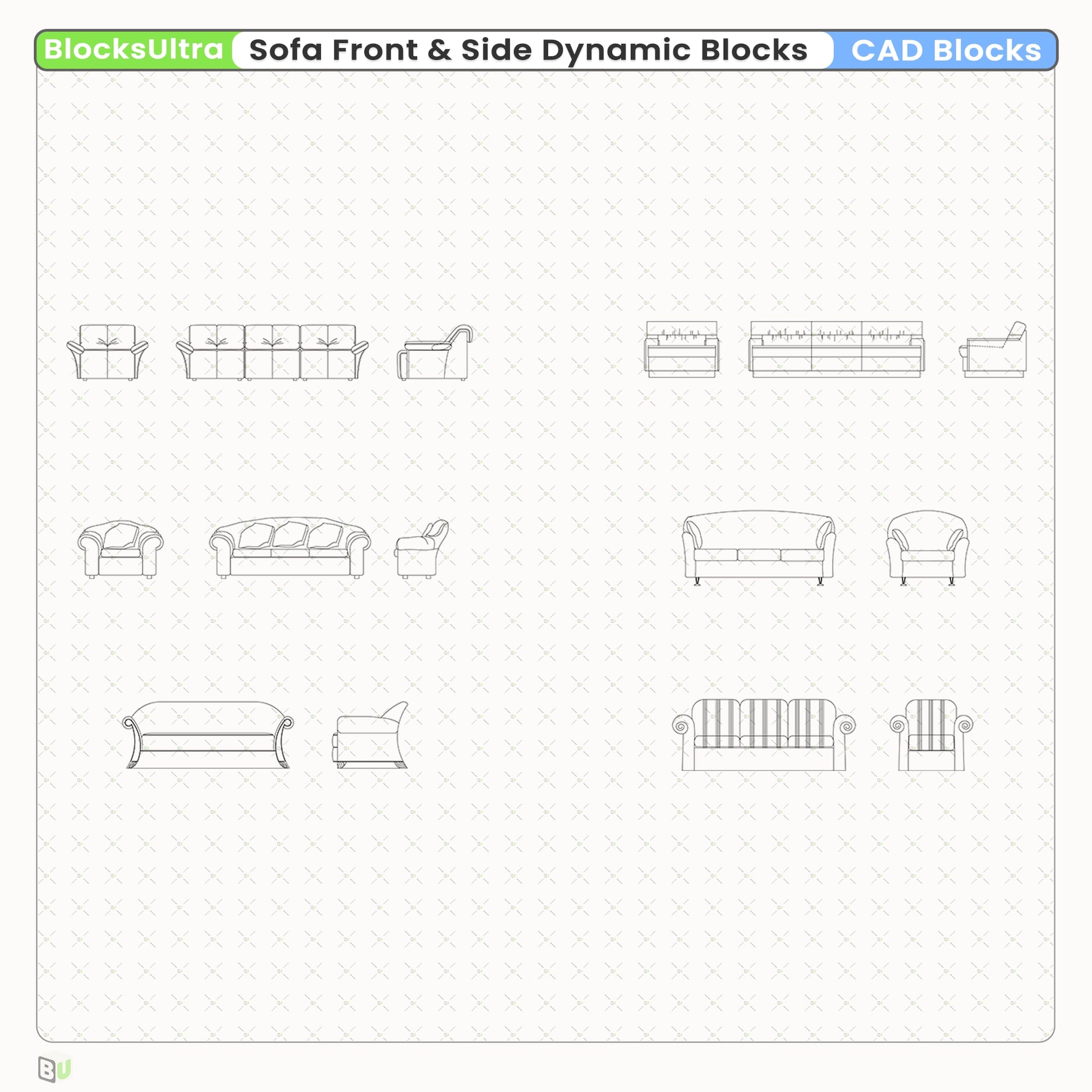 Multi-seat sofa elevation CAD blocks with precise front and side view drawings