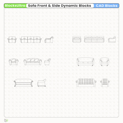 Multi-seat sofa elevation CAD blocks with precise front and side view drawings