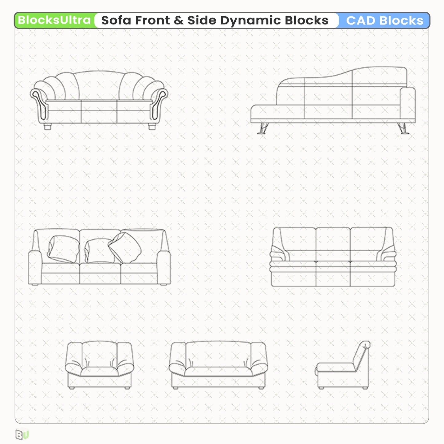Detailed sofa front elevation and side elevation CAD symbols for interior planning