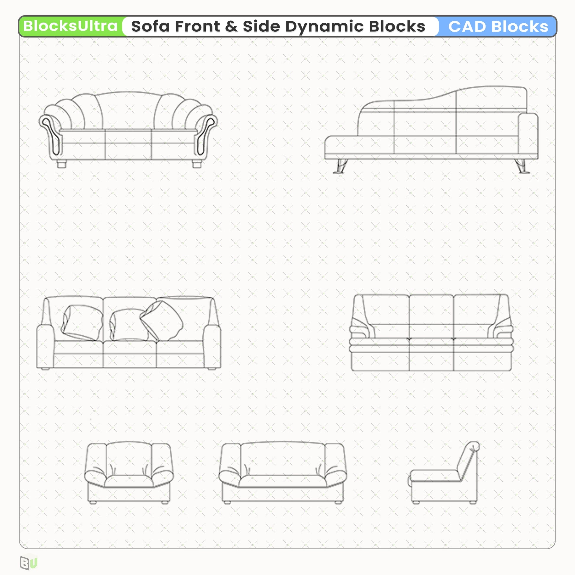 Detailed sofa front elevation and side elevation CAD symbols for interior planning